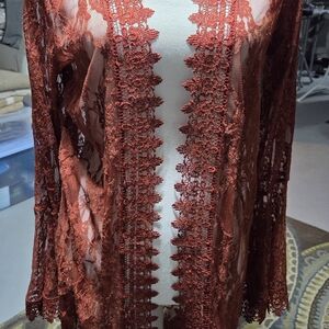 Elegant Lace Long Cardigan in Orangey Red